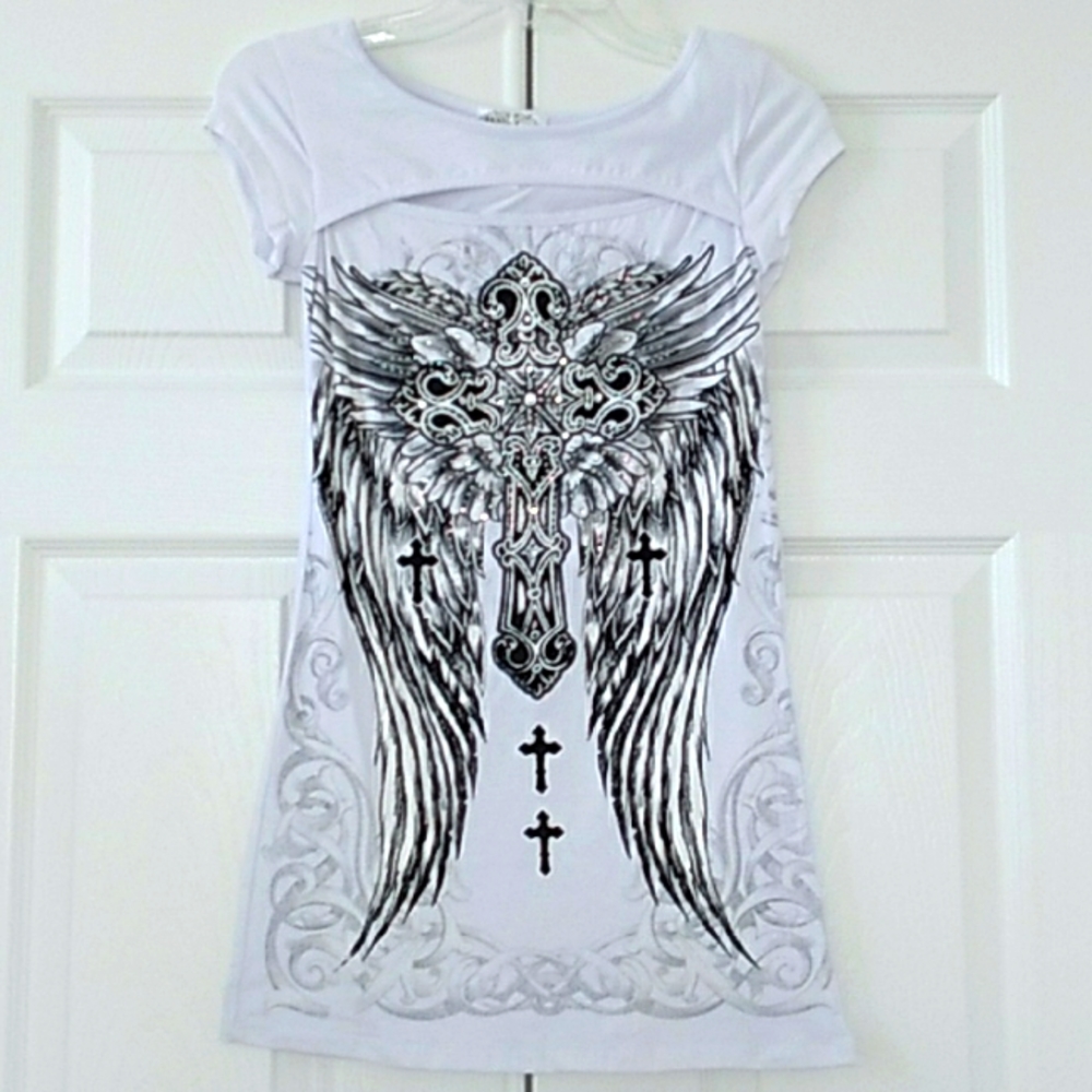 LAST ONE!! White Bling Cross Angel Wing Peek A Boo Top